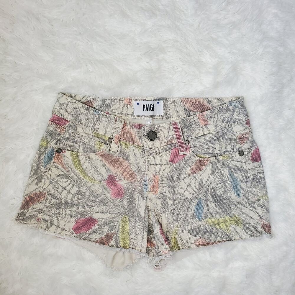 PAIGE Multi-Color Feather Print Jean Shorts